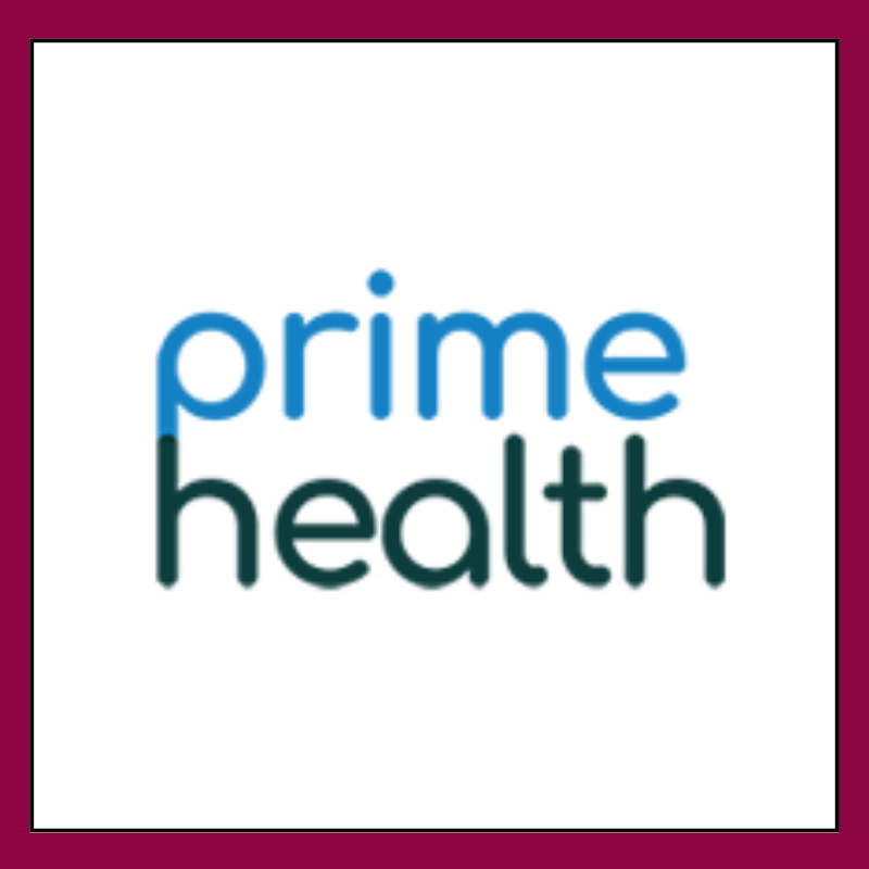 PrimeHealth logo in white square with magenta border