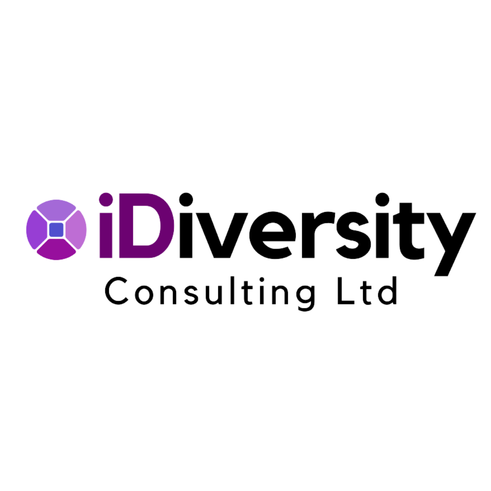 iDiversity Consulting logo - a circle divided into 4 segments, each a different shade of purple, with a blue square in the middle. To the right, text reads iDiversity Consulting Ltd