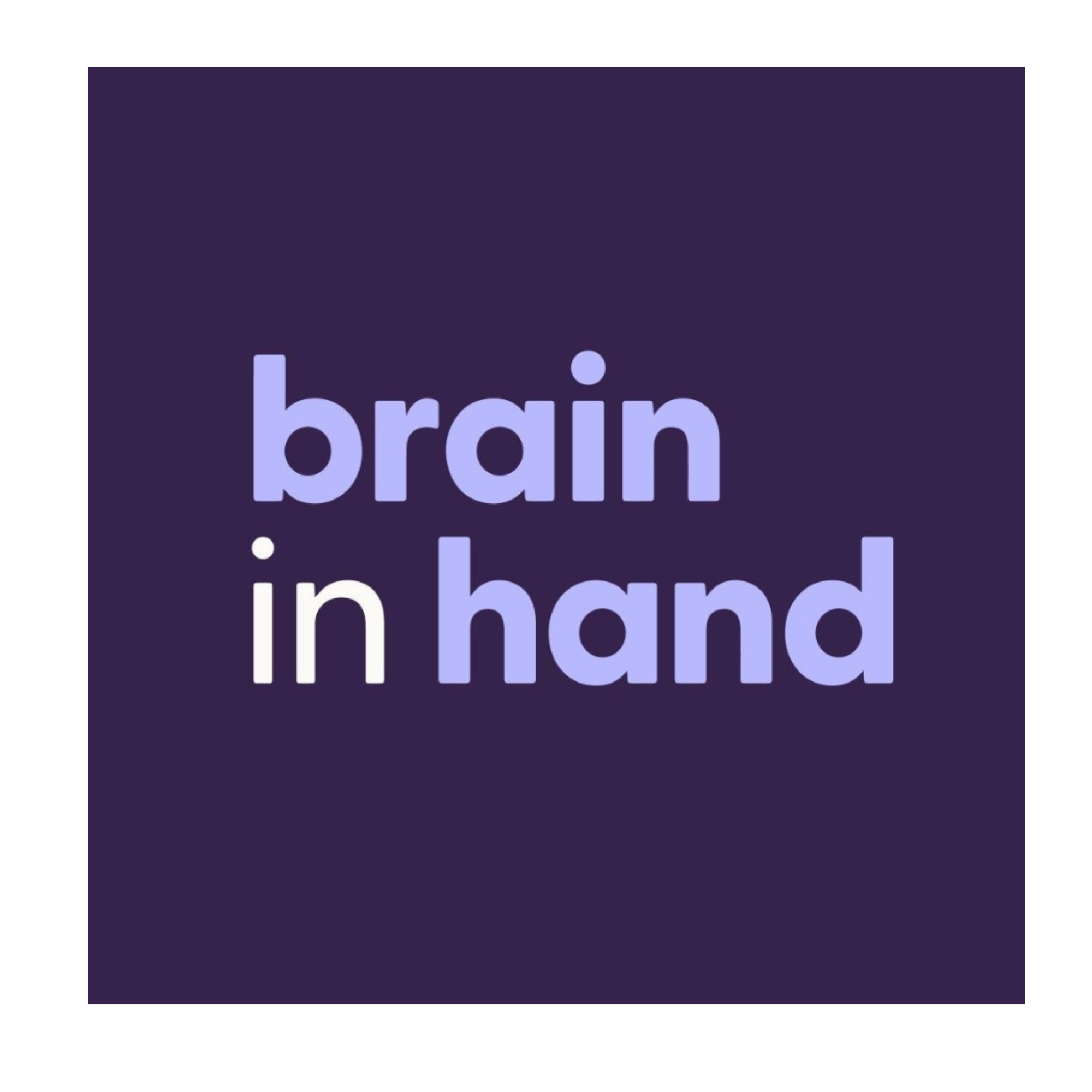 dark blue box with wording inside in light blue and white reading brain in hand