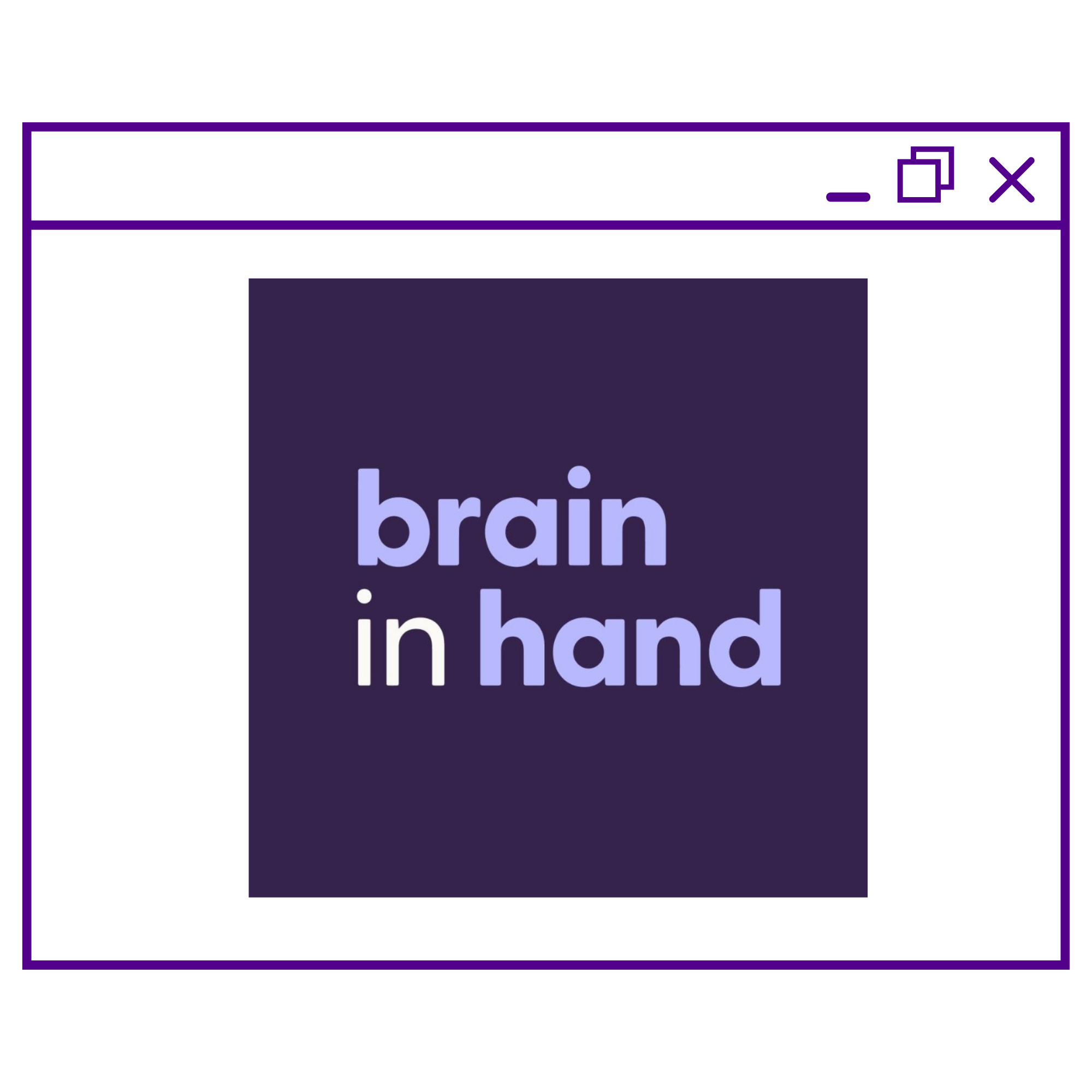 Monitor screen icon with Brain in Hand logo - a dark blue box with wording brain in hand overlaid