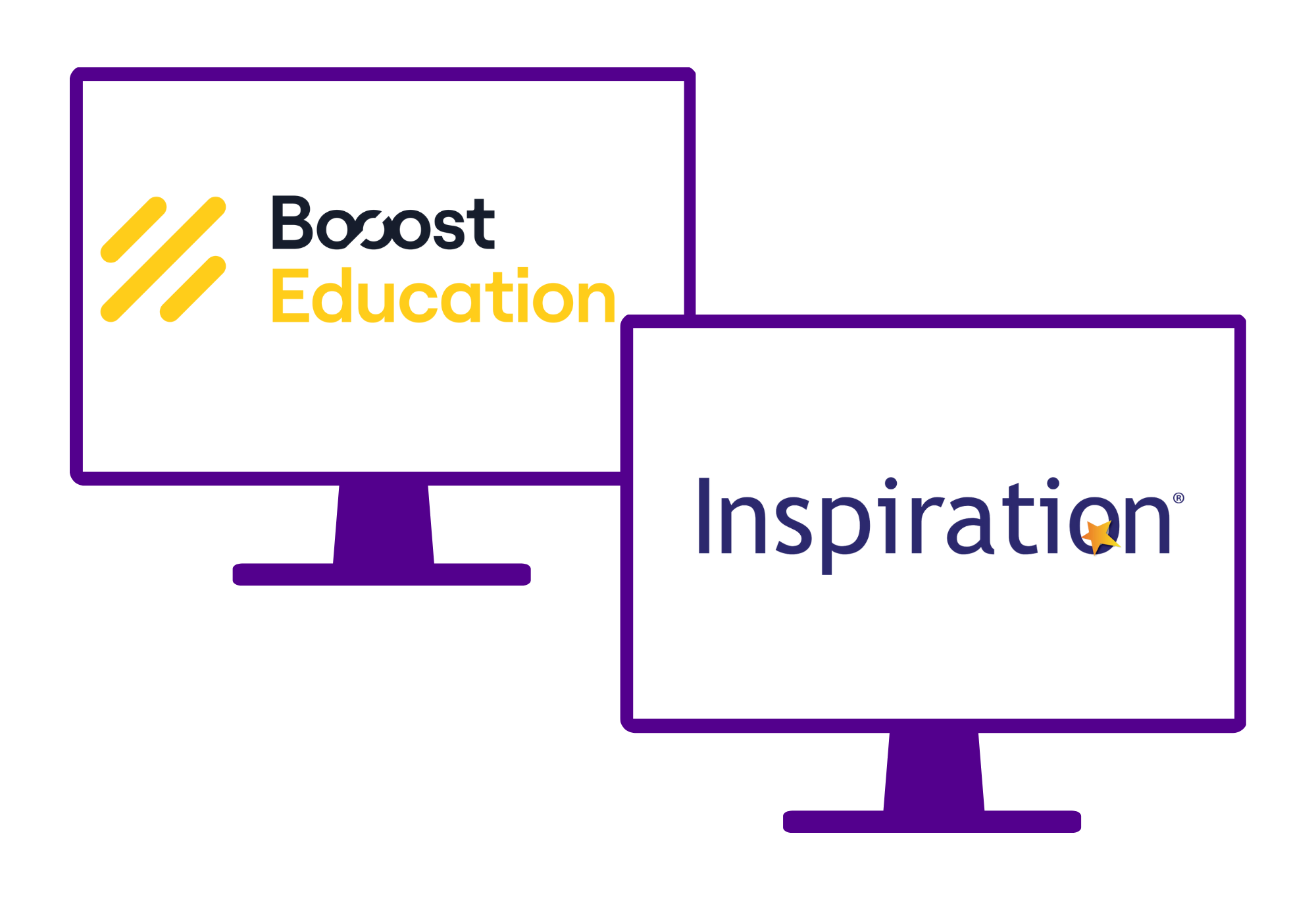 Two monitor screens.  One with Booost Education logo and one with Inspiration logo