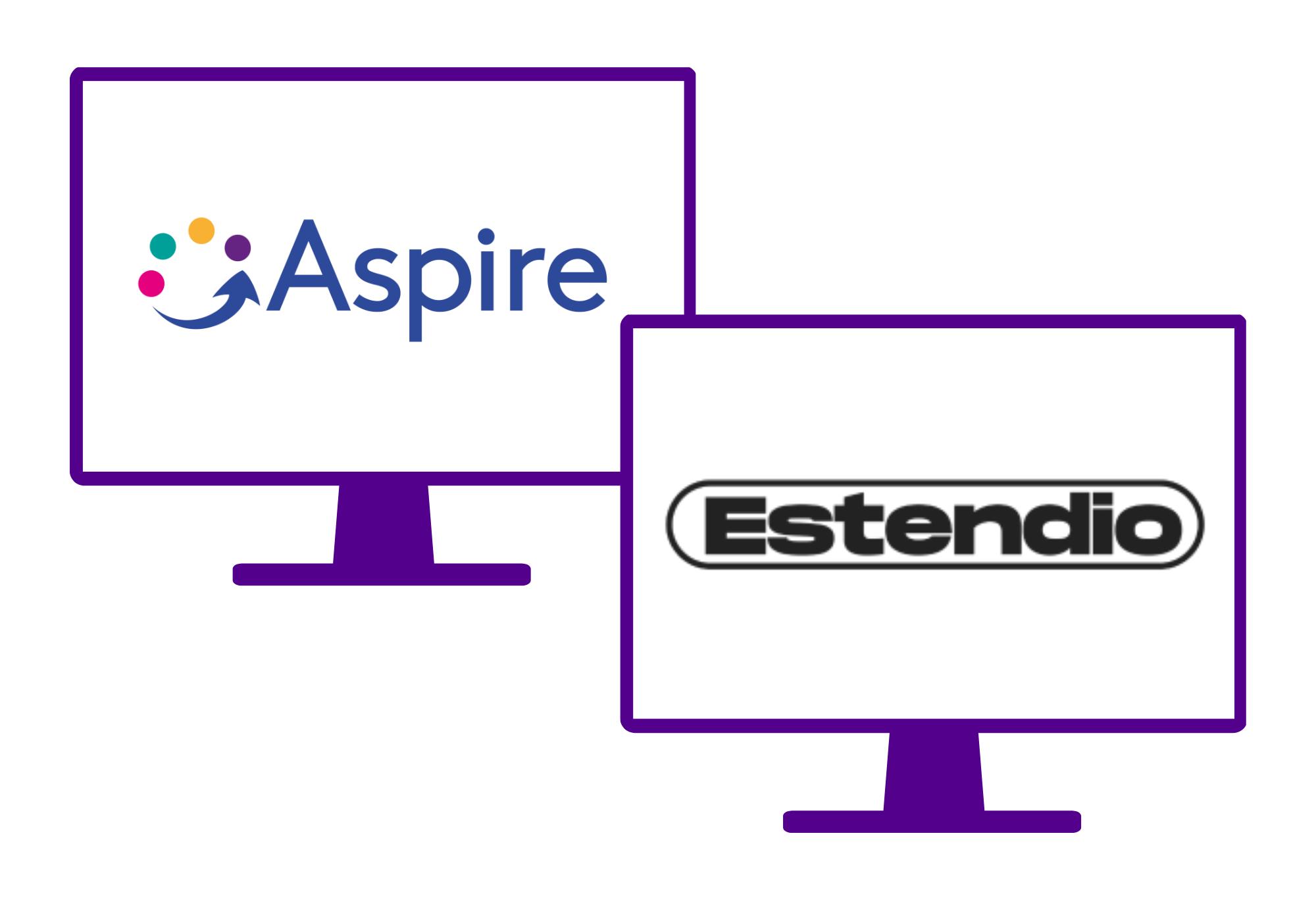 Two monitor screens.  One with Aspire logo and one with Estendio logo