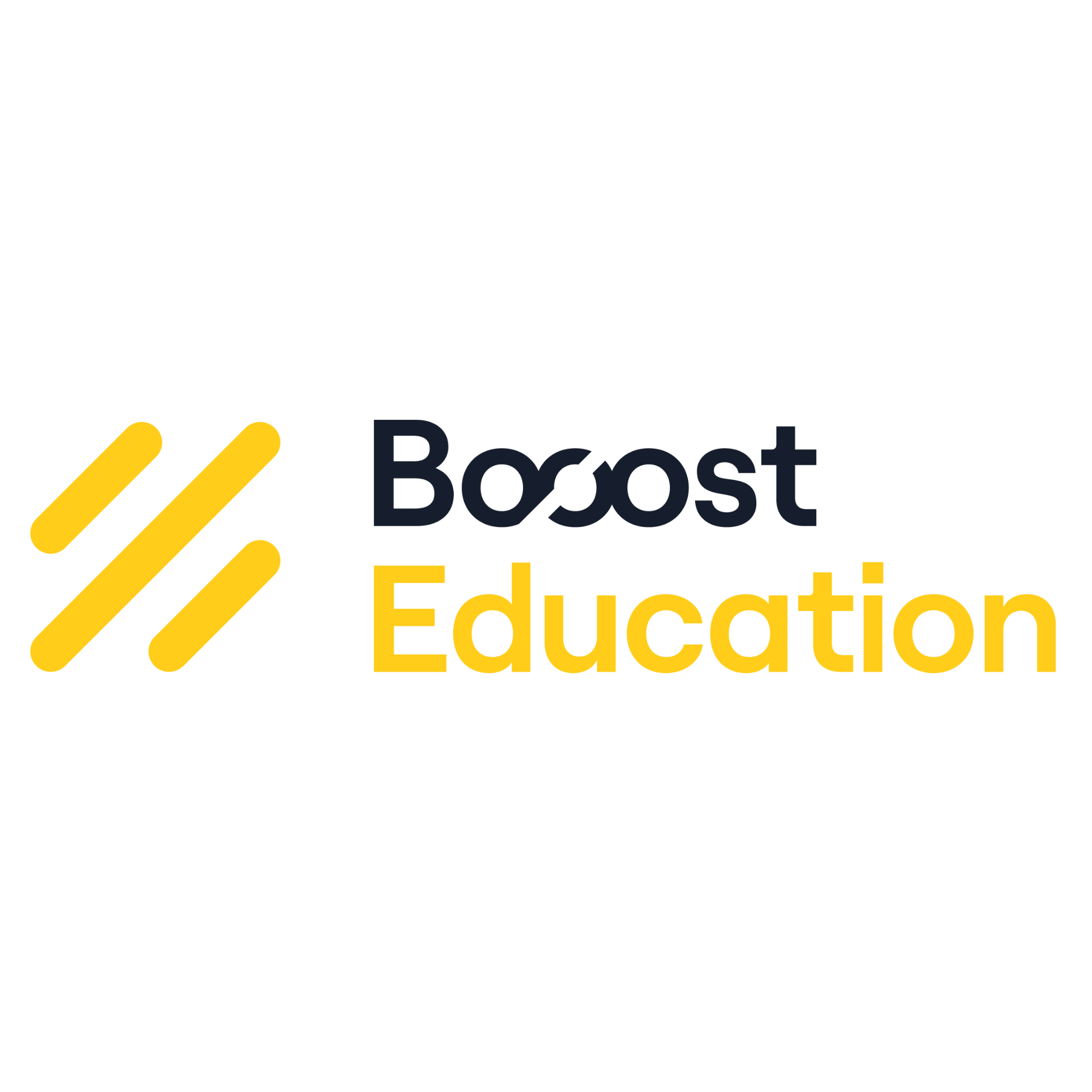 Booost logo: 3 yellow lozenge shapes angled diagonally with the words Booost (in black) and Education (in yellow)