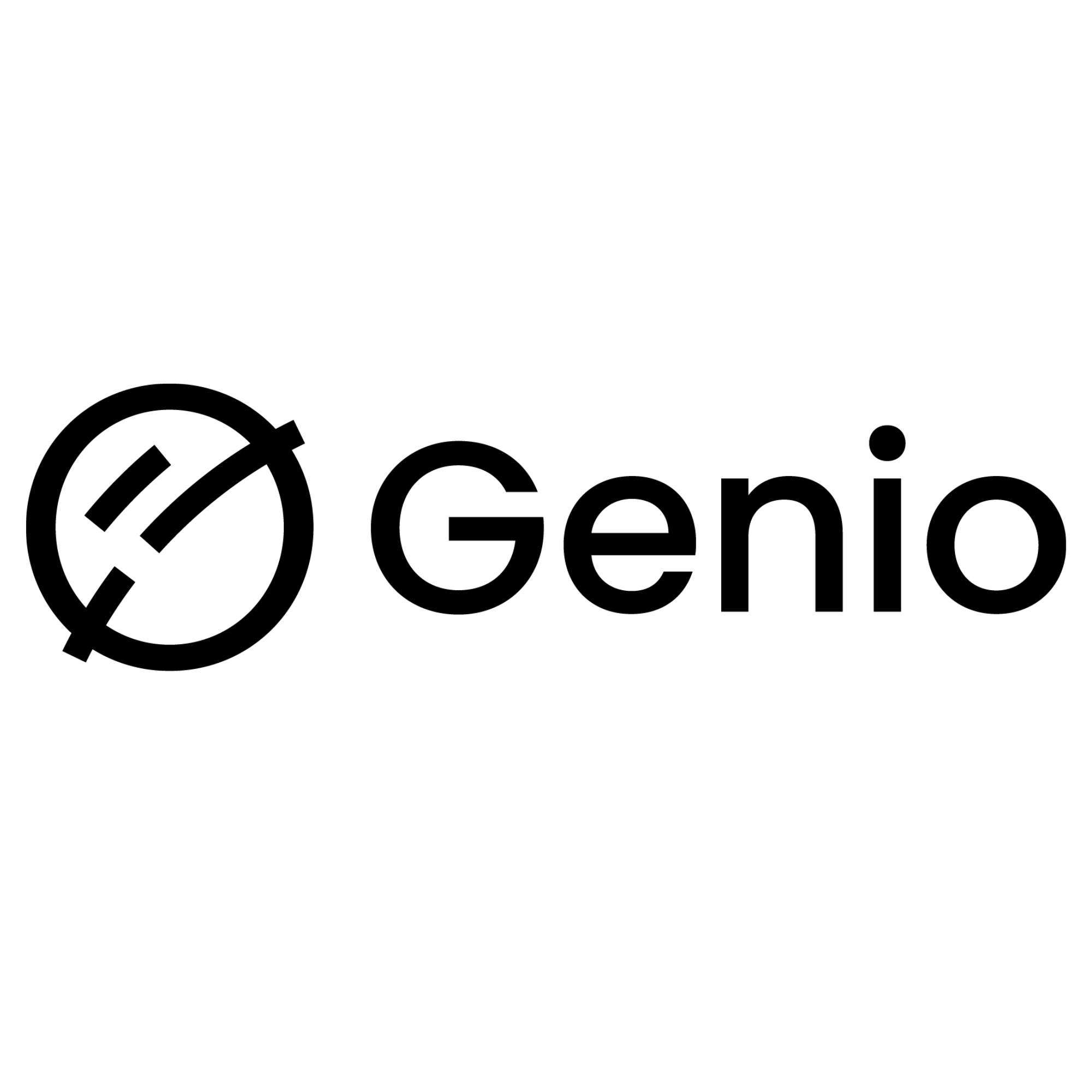 Genio logo: A white circle with black outline and 3 black dashes placed across it diagonally and to the right the word Genio