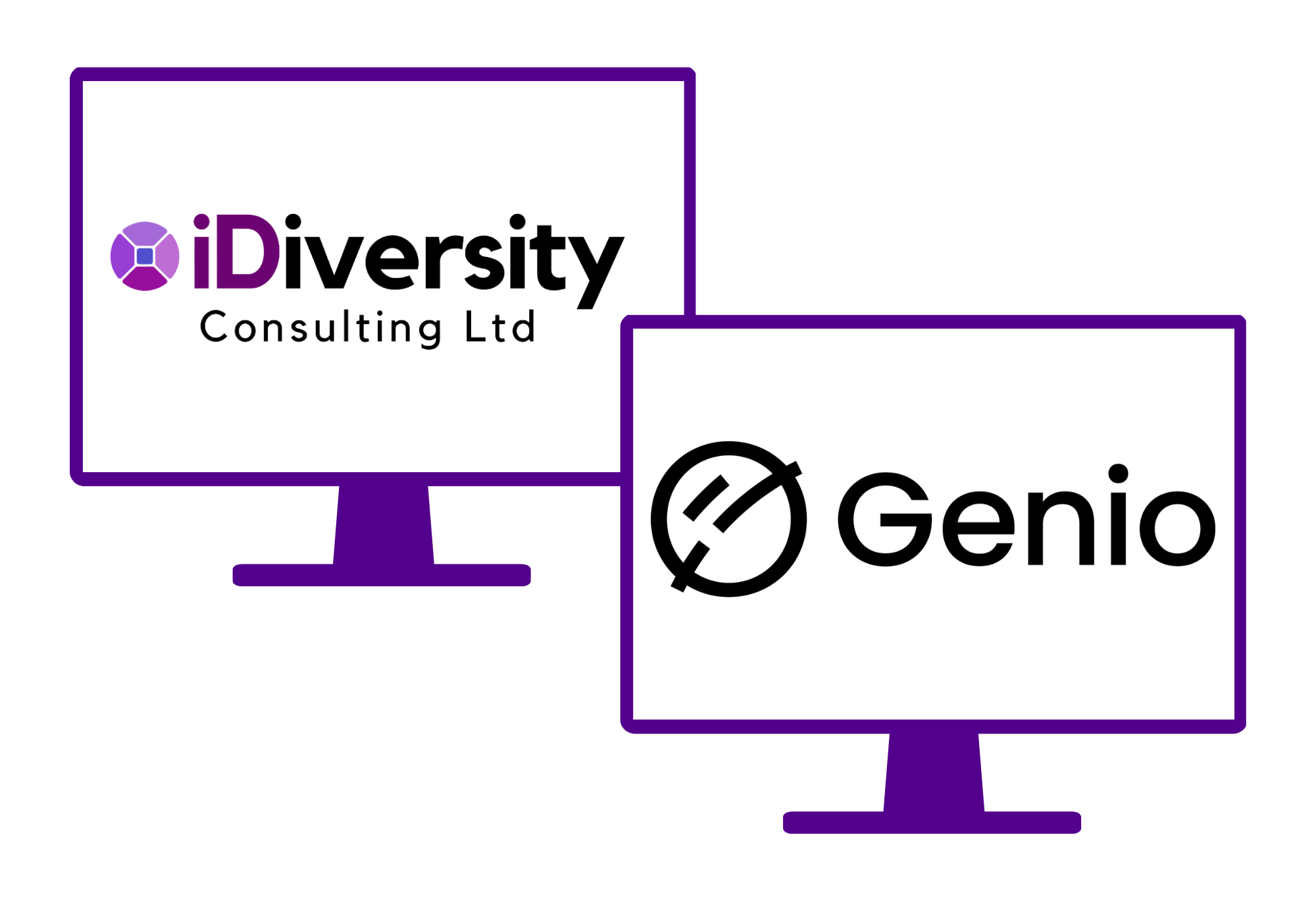 Two monitor screens.  One with iDiversity Consulting logo and one with Genio logo