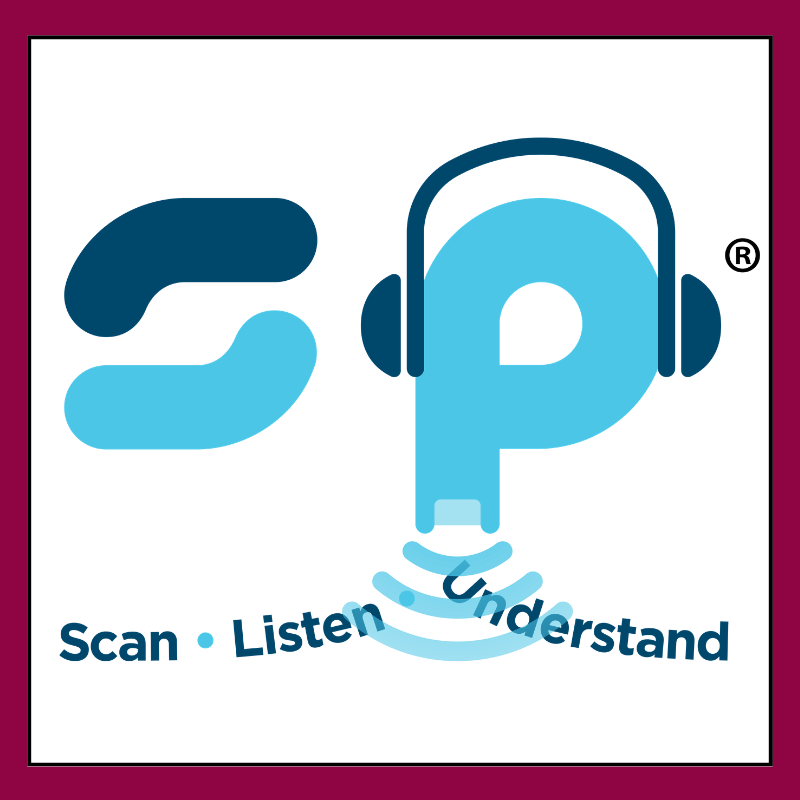 Scanning Pens logo - letter S and P in blue with headphones on the letter P.  Text reads scan, listen, understand.