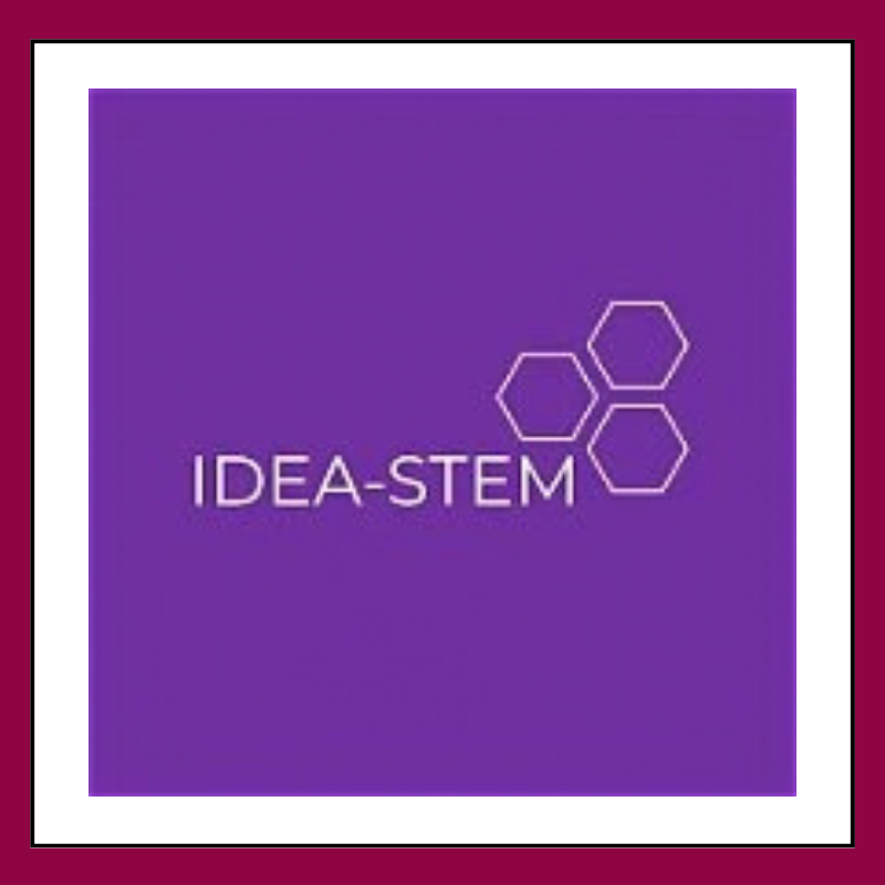 White IDEA-STEM logo on purple background in a white box with magenta border