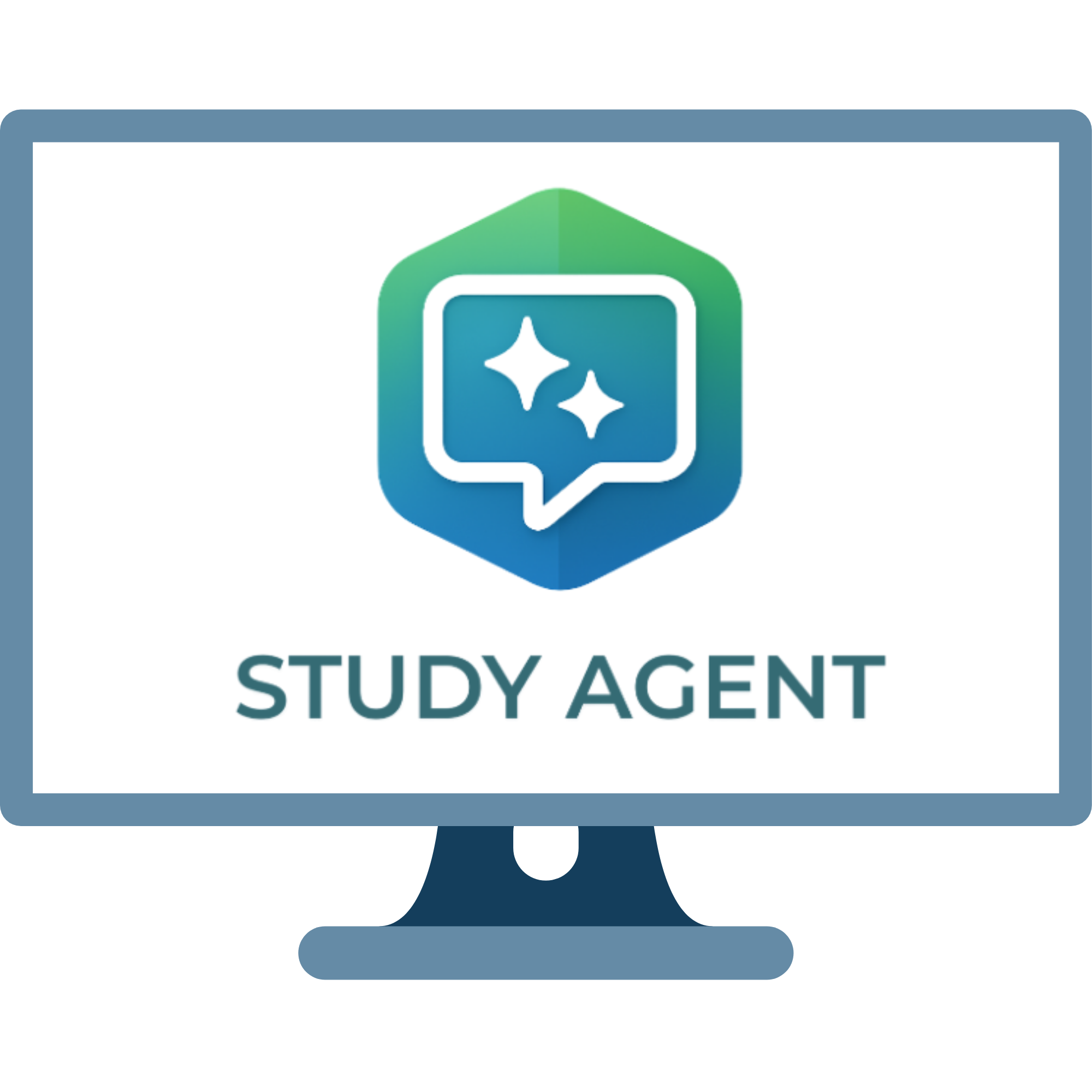 Computer monitor graphic with the Study Agent logo - a blue and green hexagon shape with white speech bubble and two white stars inside.  Text below reads Study Agent